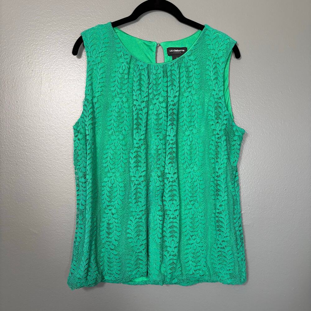 Liz Claiborne Career Women's Green Leaf Pattern Lace Sleeveless Top - Size Large